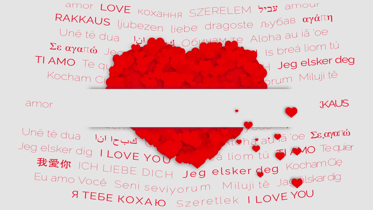 Big red heart with animated particles on a white background with words of love in different languages. White ribbon in the center blank empty copy space for text