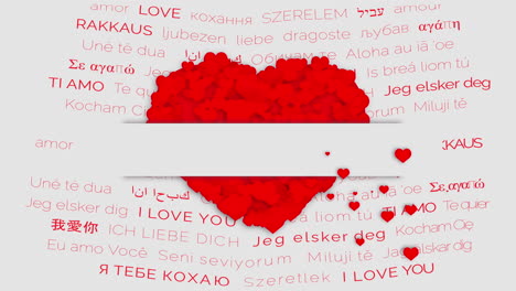big red heart with animated particles on a white background with words of love in different languages. white ribbon in the center blank empty copy space for text