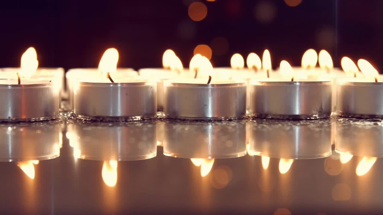 Fila di lumini in metallo con fiammelle tremolanti su un tavolo lucido che creano effetti bokeh