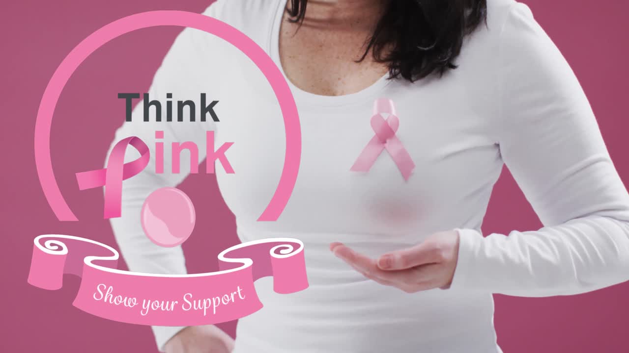 ピンクの背景に、ピンクリボンをつけた女性の上に「Think Pink」というテキストが表示されるアニメーション