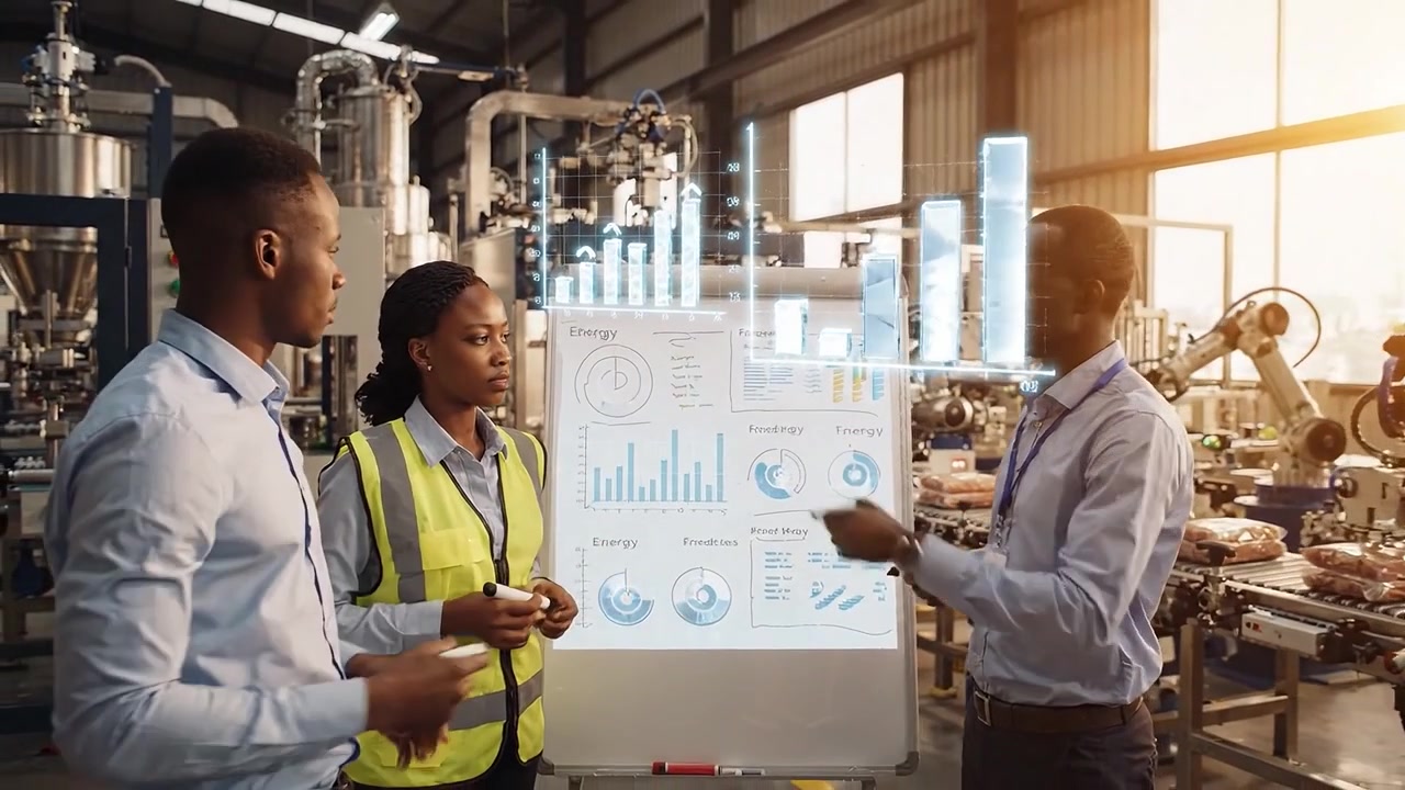 Ingénieurs africains analysant des données avec la réalité augmentée dans une usine.