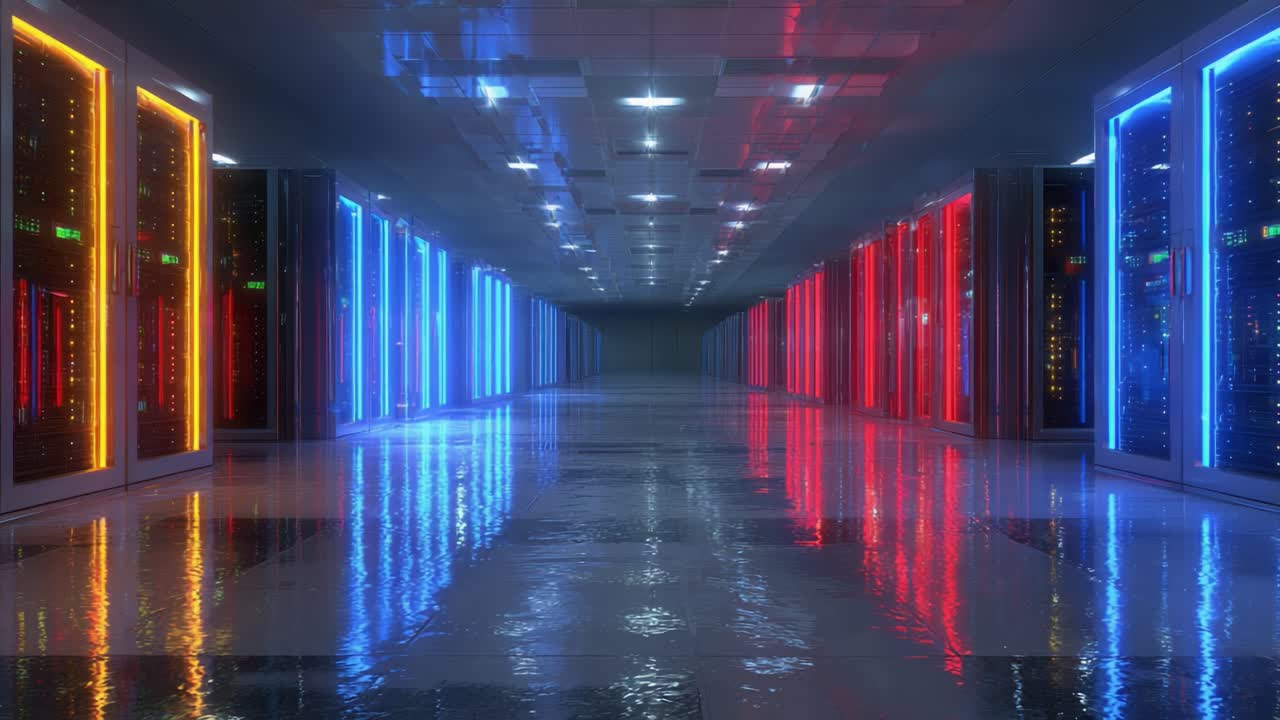 A Stunning Perspective of a Data Center Corridor Illuminated with Vibrant Neon Colors and Reflections, Showcasing Advanced Server Technology and Architecture
