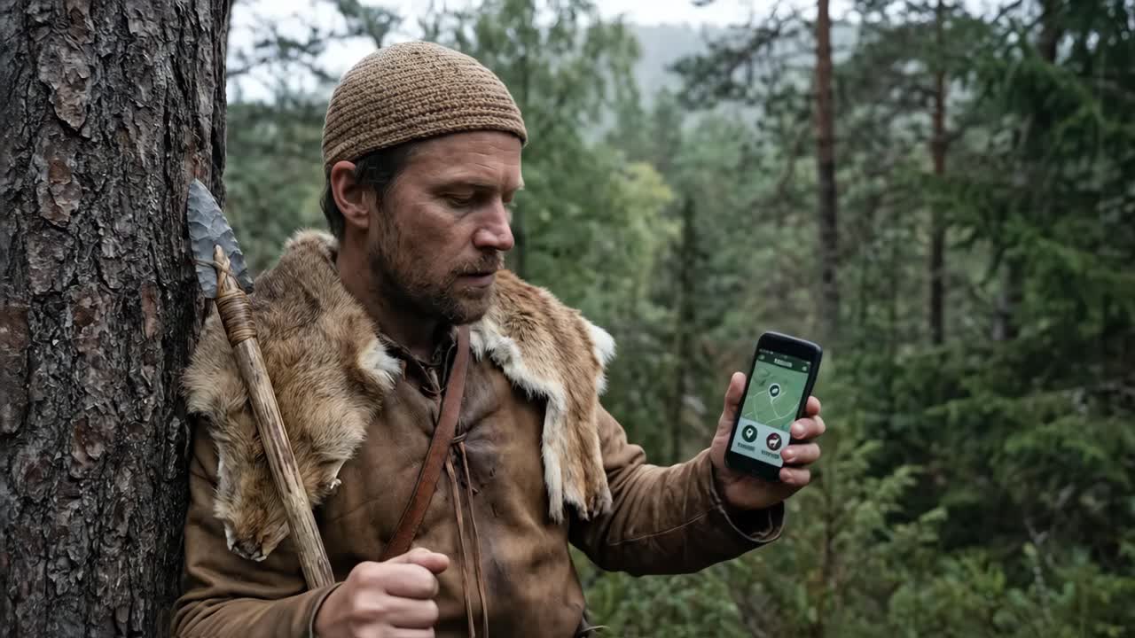 Uomo primitivo nella foresta usa un'app di navigazione per smartphone