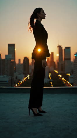 businesswoman on rooftop at sunset