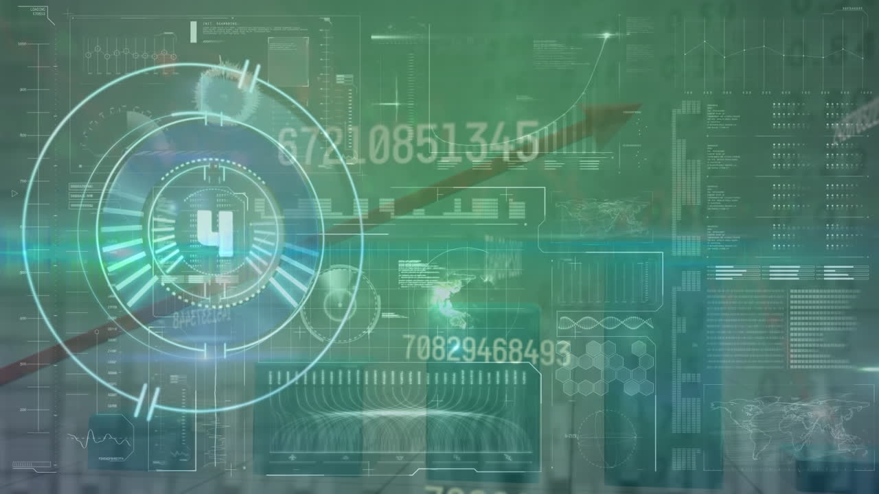 녹색 배경에 있는 그래프 위의 범위 스캔과 함께 데이터 처리의 애니메이션