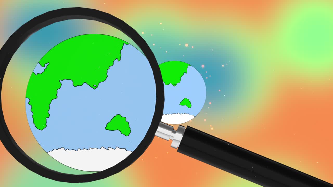 다채로운 배경에 고립 된 확대 유리로 행성의 연구.