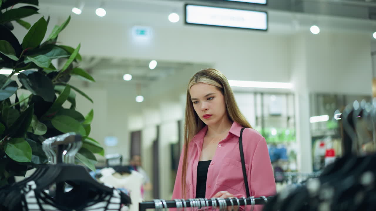 белая леди вдумчиво просматривает одежду, висящую в торговом центре, другие покупатели видны на размытом фоне, рассматривают одежду в своих руках, фон освещен