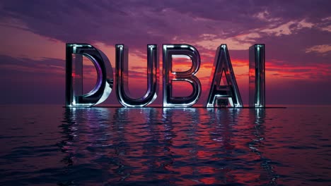 futuristic dubai skyline reflecting on water with beautiful sunset and dramatic sky in the background, showcasing modern architecture and innovative design