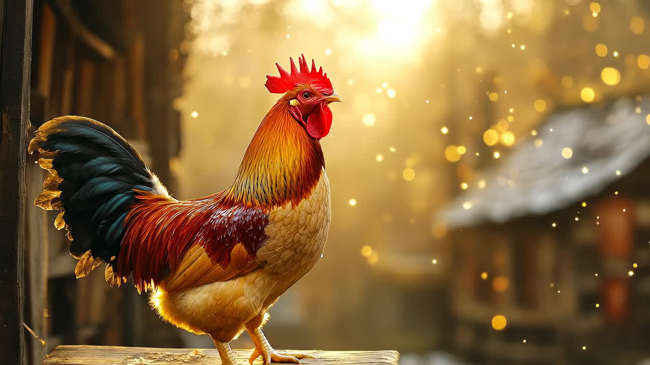 Rooster in golden morning light. A colorful rooster standing in bright golden sunlight with a blurred background