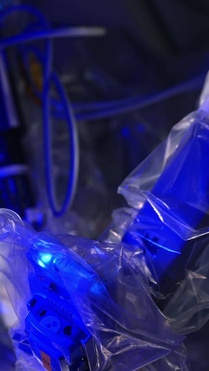 Movement of Da Vinci robotic arms covered with plastic. Futuristic equipment working in the surgical room with dim light and Christmas decorations. Vertical video