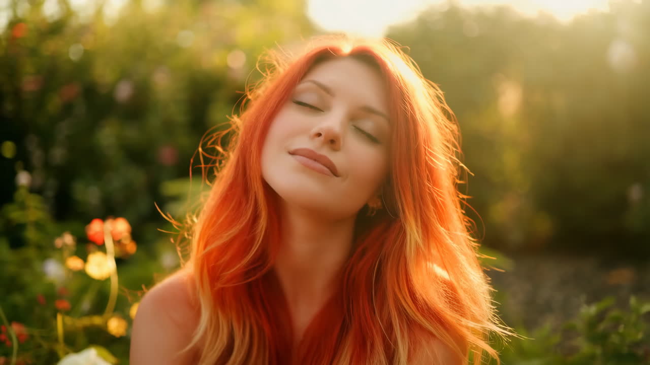 Woman with Red Hair Enjoying Golden Hour Sunlight in a Garden