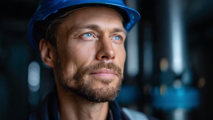 Focused Worker in Safety Helmet Contemplating Future Innovations in Industrial Environment with a Determined Expression and Clear Blue Eyes