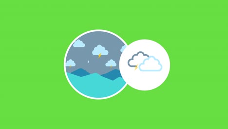 video en 4k de iconos de tormentas eléctricas de dibujos animados en fondo verde.