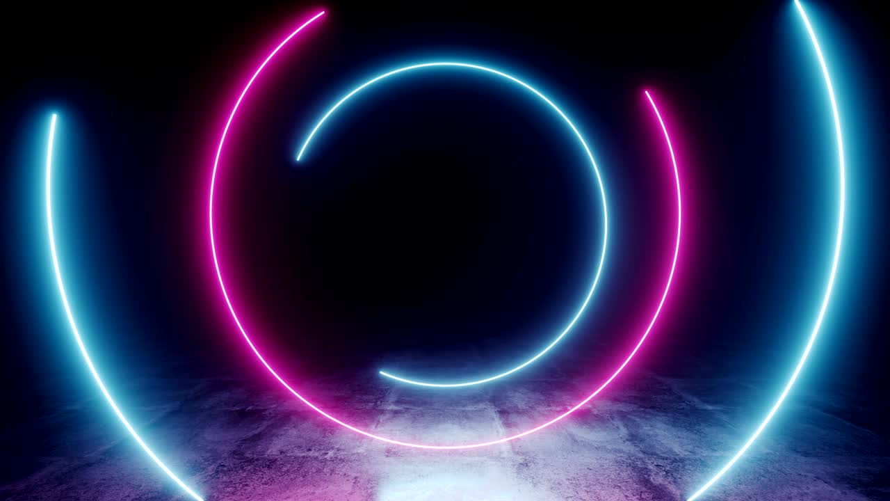 Spirale in loop, neon luminoso fluorescente, retro fantascientifico futuristico. Cerchio laser viola e blu con luci rotanti su pavimento in cemento scuro, grunge e riflettente. Spazio vuoto