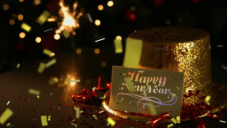 animación del texto de feliz año nuevo en una etiqueta de oro con un sombrero de fiesta de oro