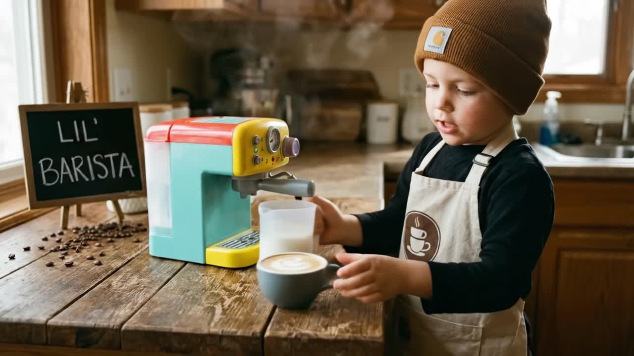 Bambino che prepara una latte art con una macchina da caffè giocattolo