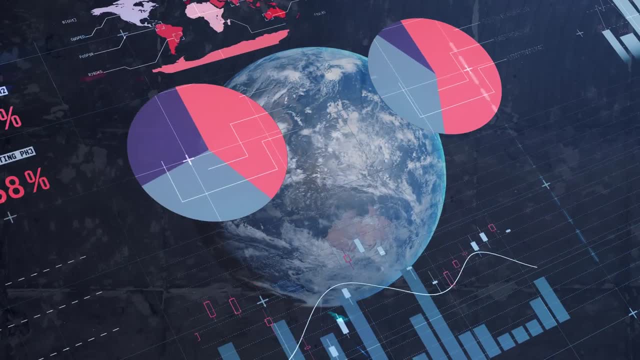 금융 데이터 처리의 애니메이션과 검은색 배경의 지구