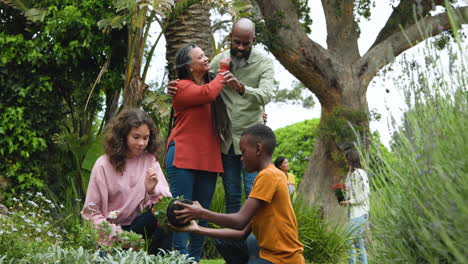family gardening together in lush backyard, enjoying quality time and nature