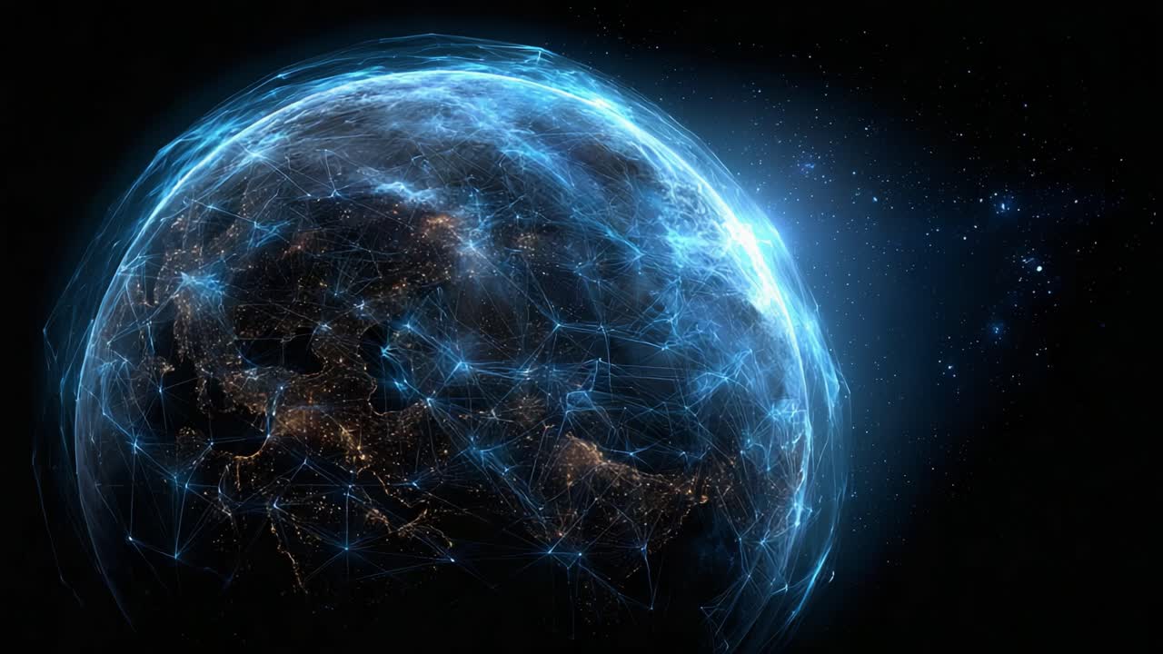 Una straordinaria rappresentazione digitale della Terra illuminata da reti di energia e luce, che mostra la connessione e il flusso di dati in tutto il mondo in una scena cosmica