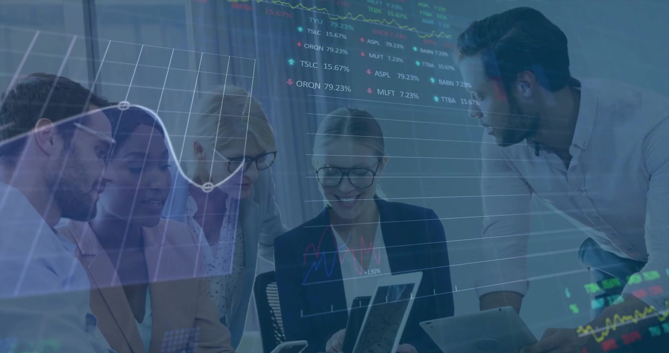 Animation of data processing and diagrams over diverse business people discussing work