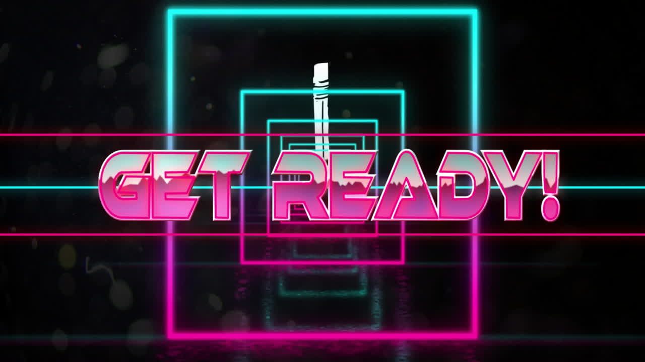 Animation of get ready text in pink metallic letters over pink and blue neon squares on black
