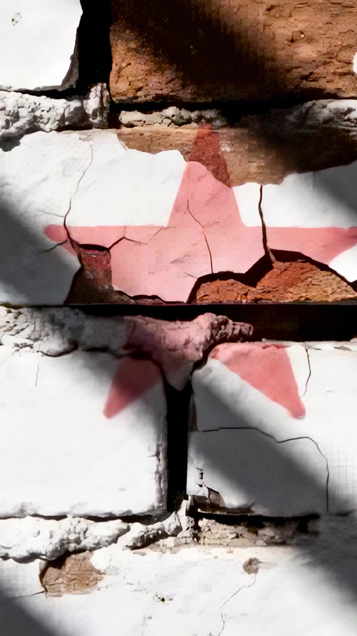 Vertical video: Shifting sunlight crossing painted brick wall, pink star forming and lining gap