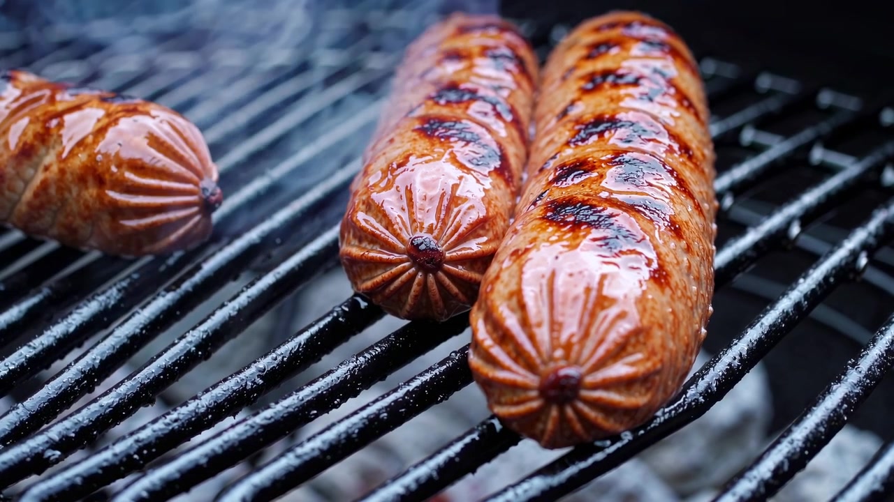 Salsicce deliziose che sfrigolano su una griglia calda da barbecue