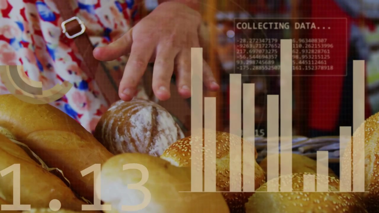 Compradora alcançando pão de padaria, ativando sobreposições de dados em camadas ao selecionar um pãozinho