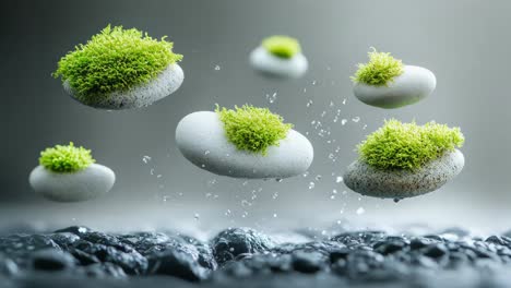 floating stones with moss