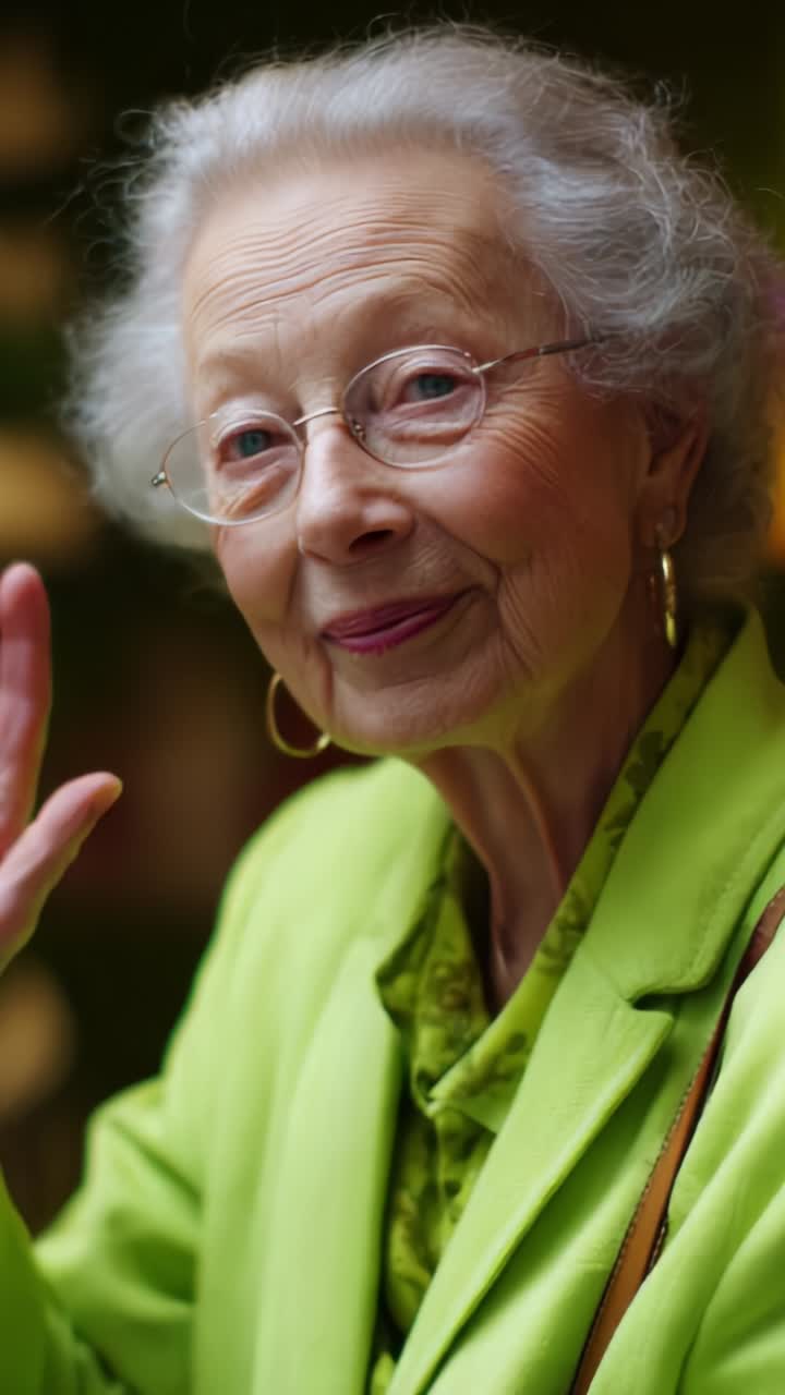 Uma senhora alegre vestindo uma roupa verde brilhante acena alegremente, irradiando cordialidade e simpatia, perfeitamente capturada em momentos expressivos de felicidade