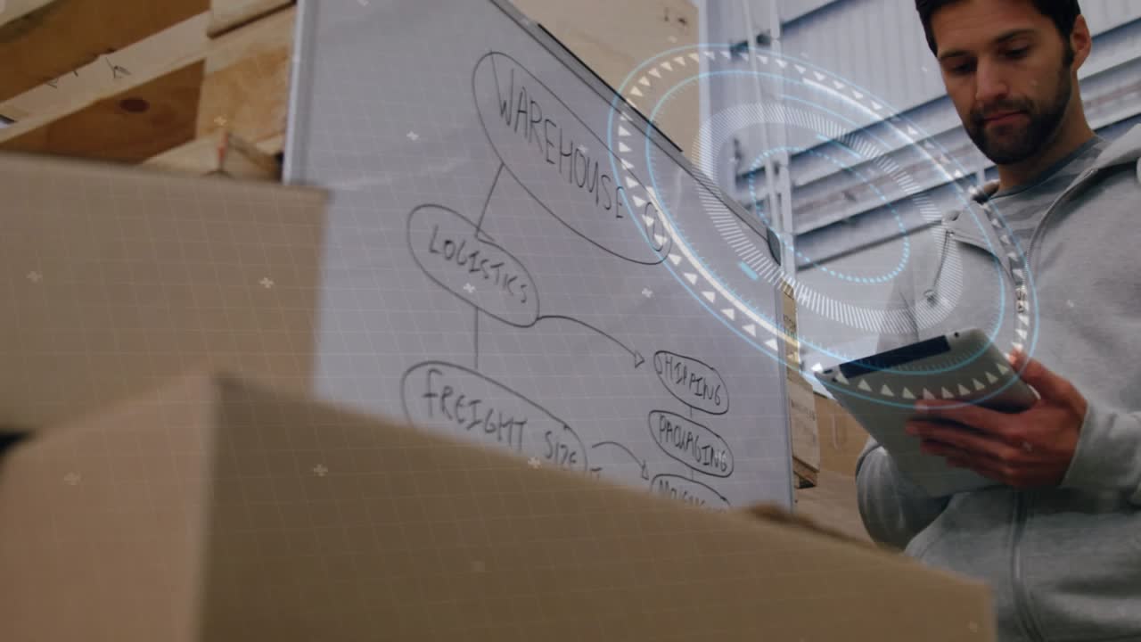 Warehouse worker tapping tablet and comparing data with whiteboard, HUD overlay updating inventory