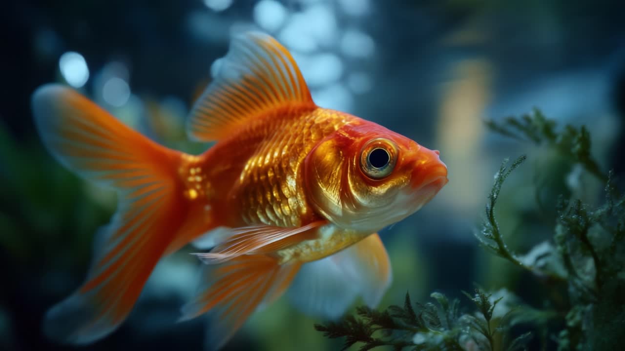 Um peixinho dourado laranja impressionante nadando graciosamente em um aquário vibrante, exibindo suas belas nadadeiras e escamas, com um plano de fundo de paisagem subaquática borrada