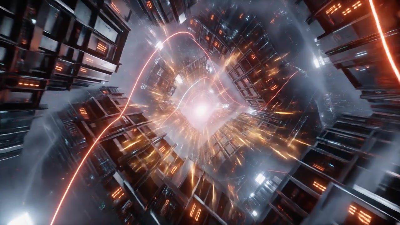 Futuristic Sci-Fi Tunnel with Glowing Orange Light Trails