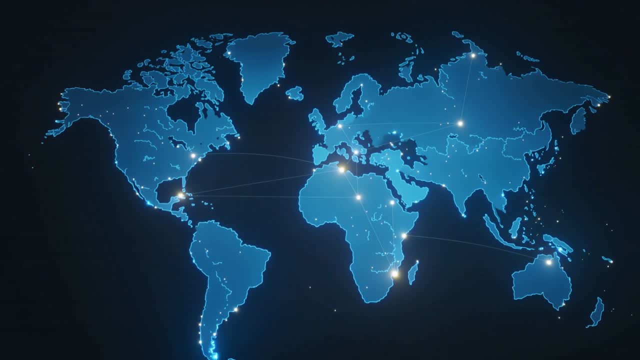 Animating glowing globe, nodes activating, sending pulses along arcs on dark backdrop showing links