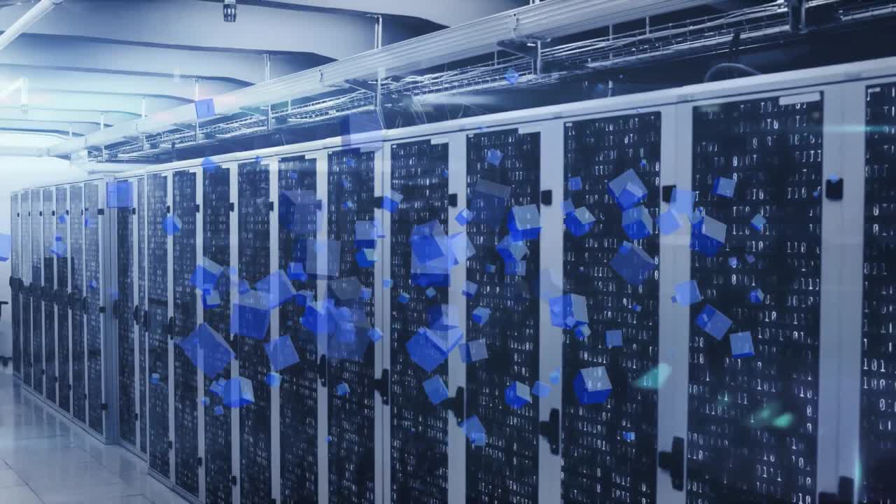 Animation of 3d blue cubes, light spot and mosaic squares against computer server room