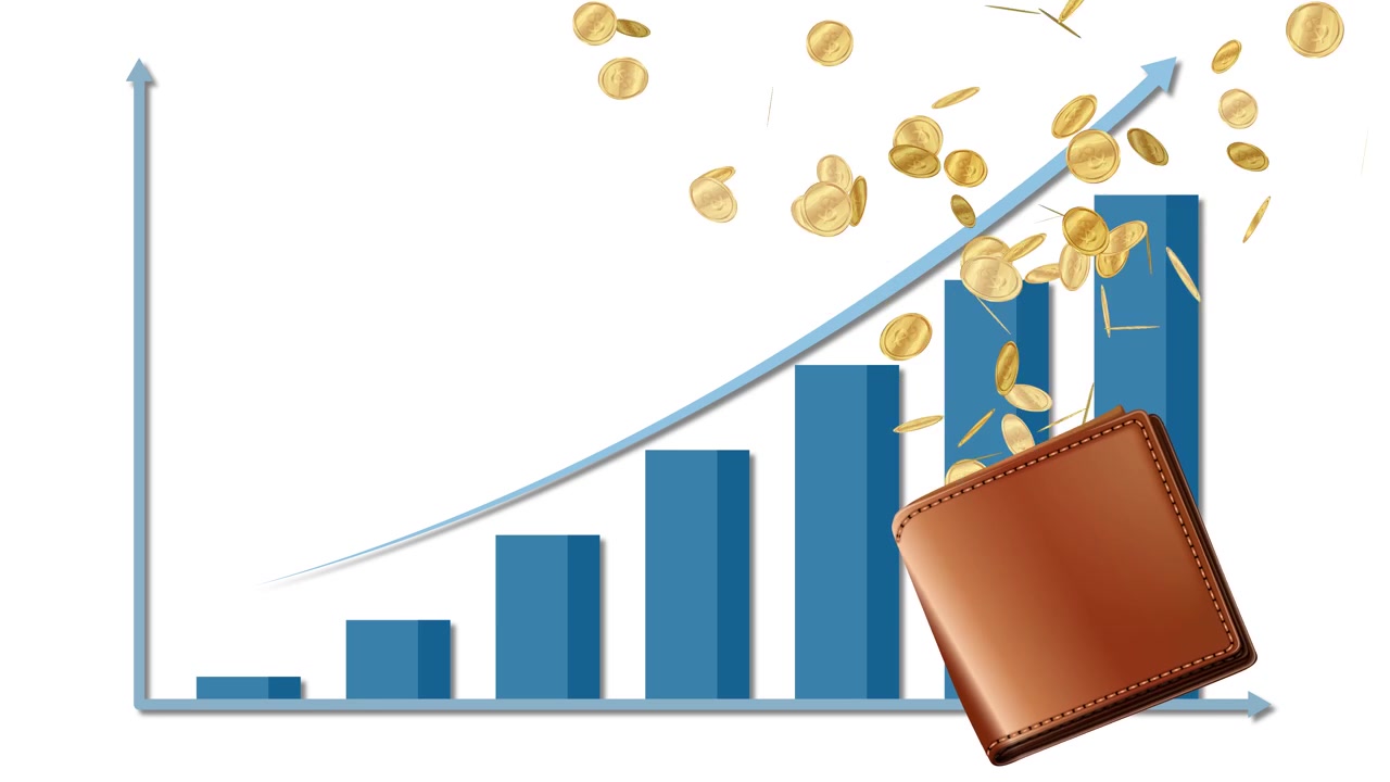 Monete d'oro animate fuoriescono da un portafoglio mentre un grafico di crescita finanziaria sale costantemente.