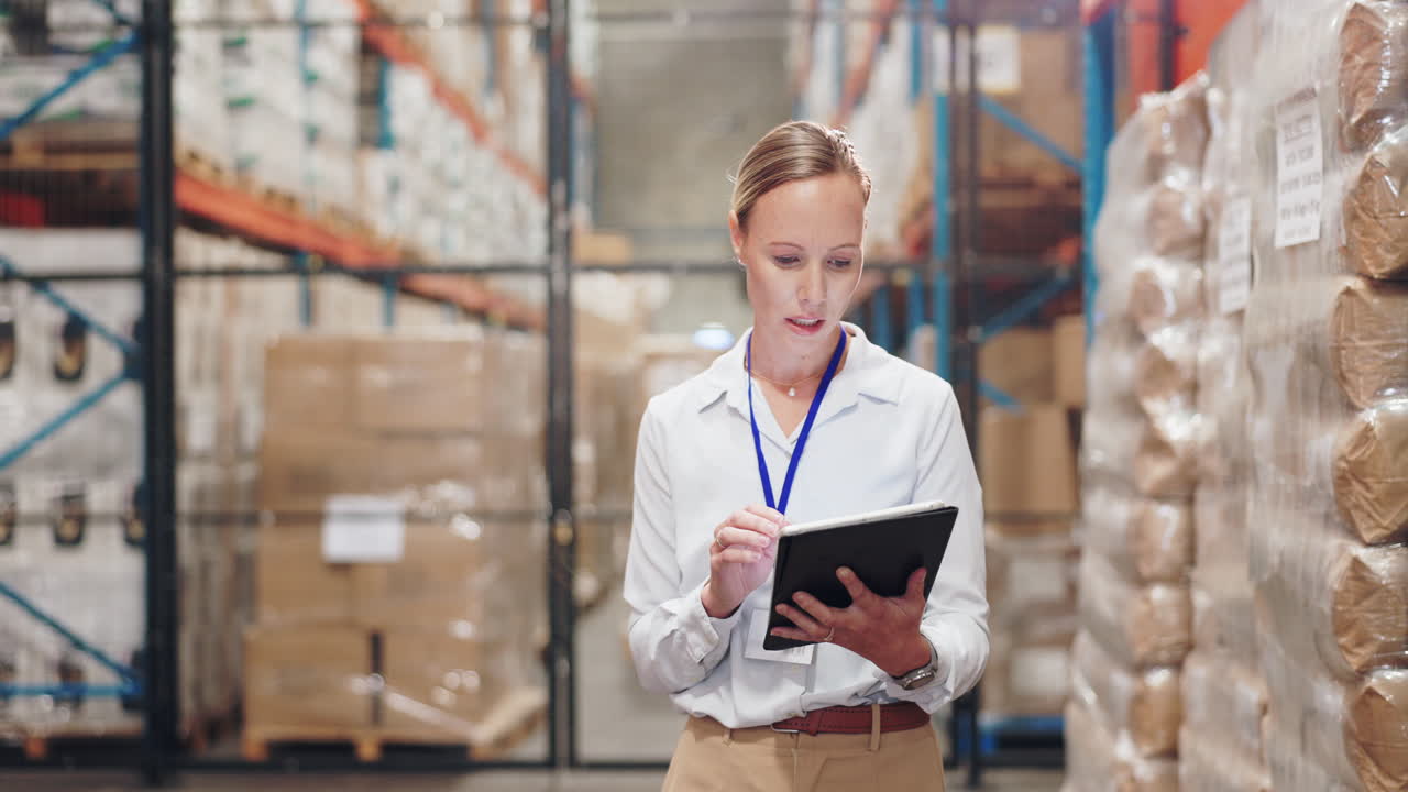 Woman inspecting inventory in a warehouse using a tablet
