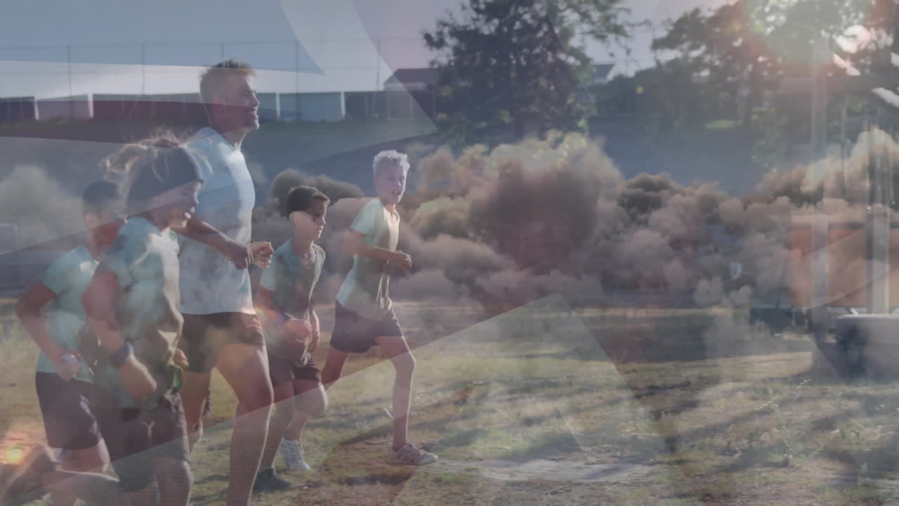 Group of people jogging in park with abstract smoke animation overlay
