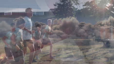 group of people jogging in park with abstract smoke animation overlay