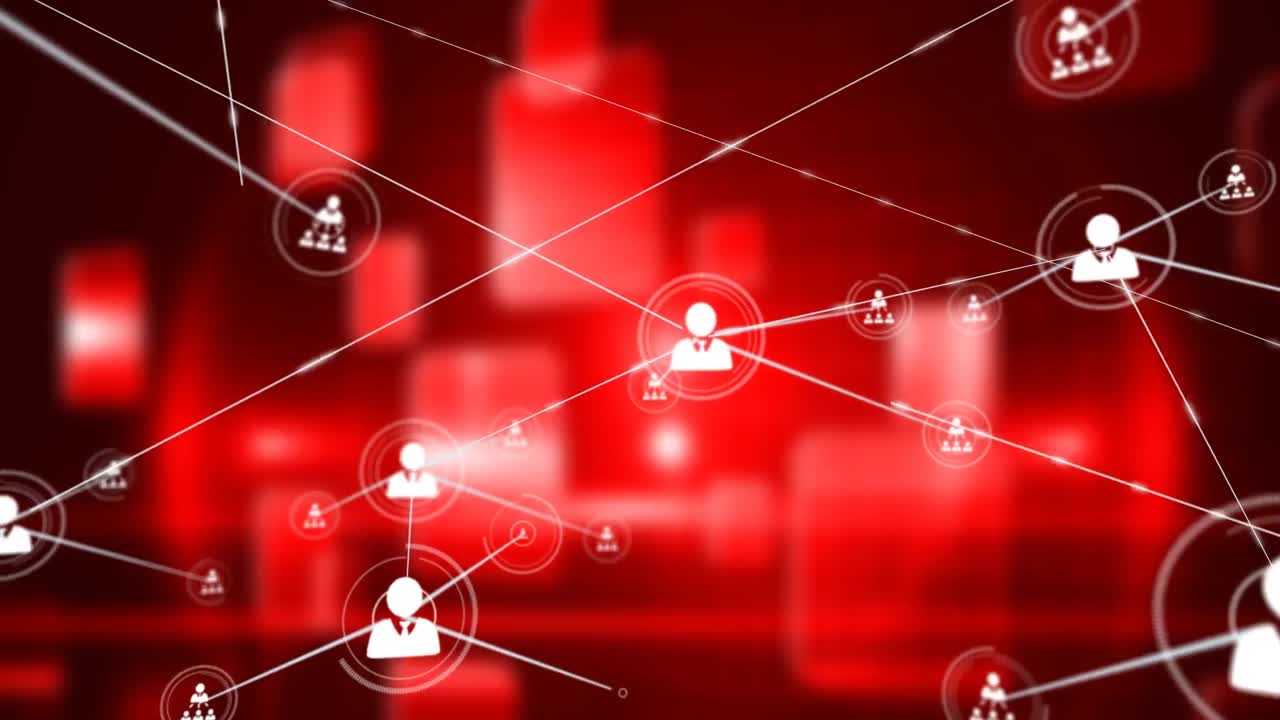 빨간색 배경의 모양 위에 아이콘을 가진 연결 네트워크의 애니메이션