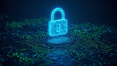 a futuristic digital lock visualization representing cybersecurity and data protection on a high-tech circuit board background, emphasizing the importance of online safety
