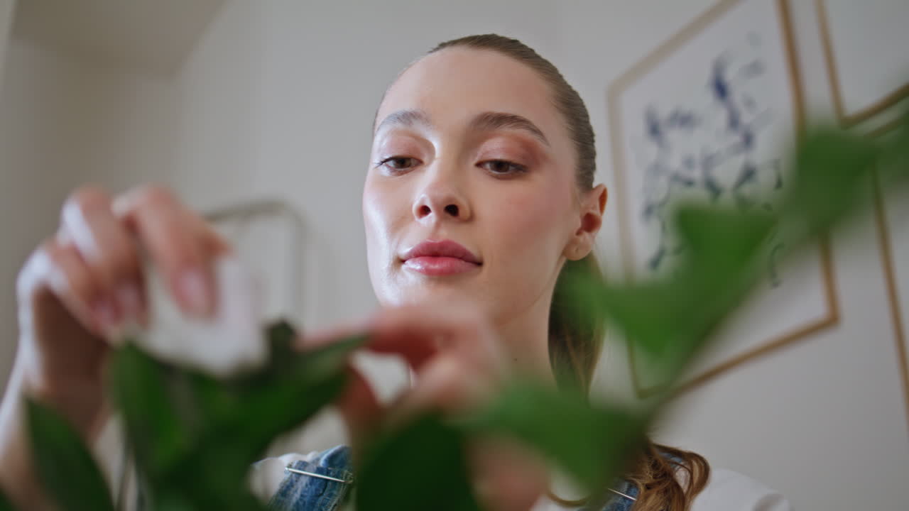 Housewife caring home plant in apartment feeling calm closeup. Smiling woman