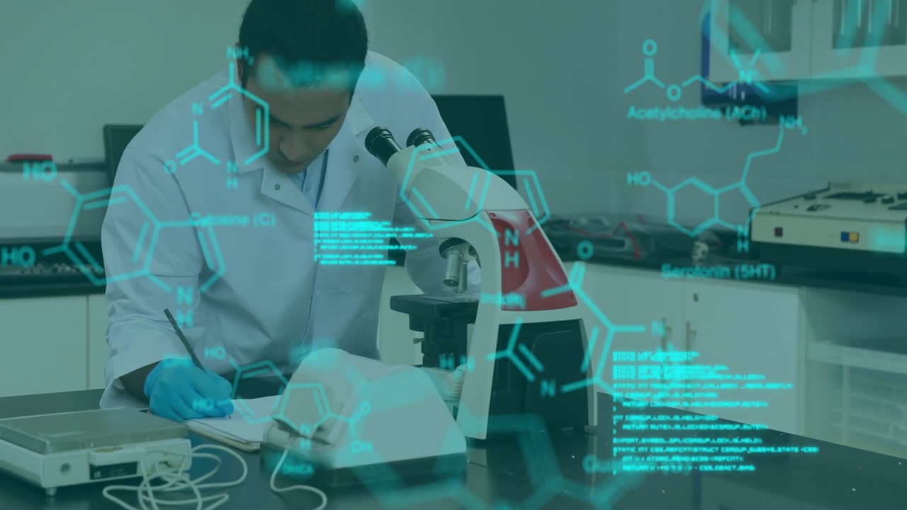 animazione dell'elaborazione di dati scientifici su uno scienziato maschio biraciale in laboratorio
