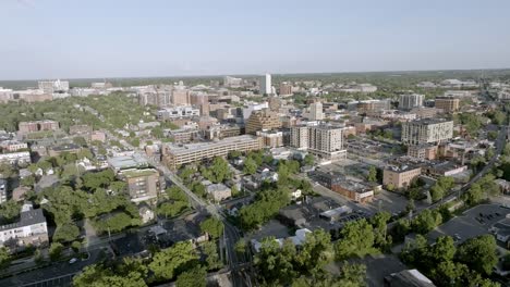 downtown ann arbor, michigan with drone video wide shot moving in