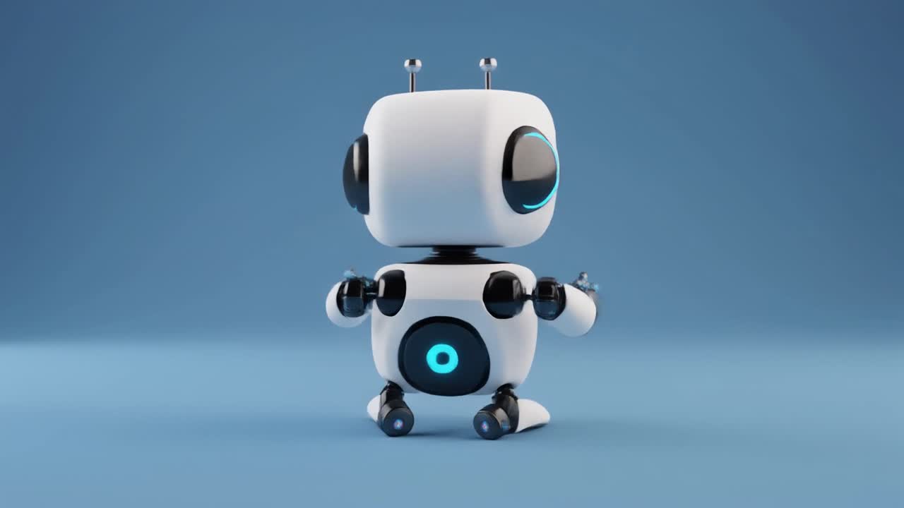 Friendly 3D Animated Robot Waving on Blue Background