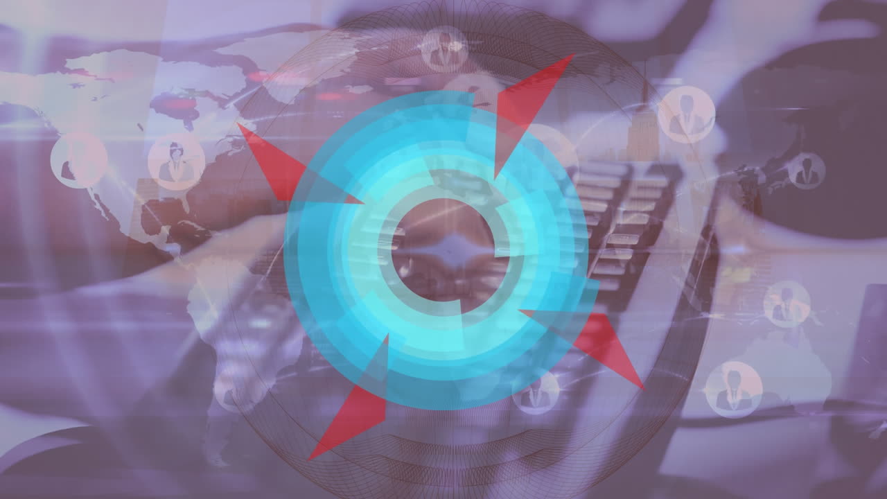 Animation of network of connections with scope and person using computer keyboard in background