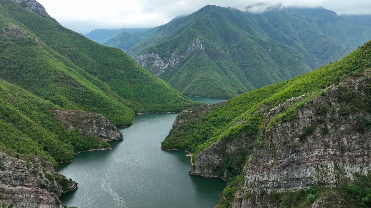 Man-made Reservoir Lake Koman - Forested Slopes of Drin River AERIAL