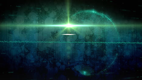 composition of green light trail processing over glowing globe