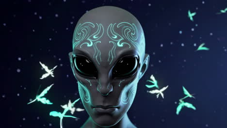 alien head with glowing tattoos