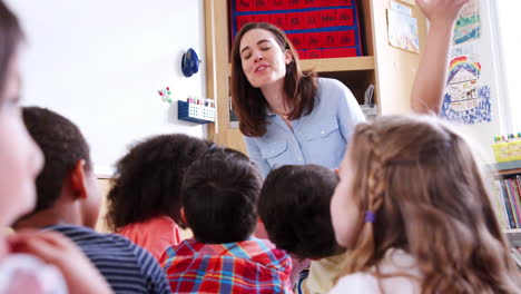 elementary school kids raising hands to teacher, back view